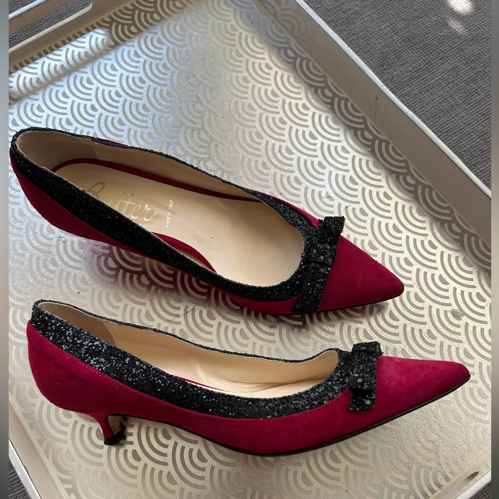BUTTER Italy Magenta Suede Kitten Heel Pumps With Black Sequin Bows + Trim 6.5 - Picture 2 of 11
